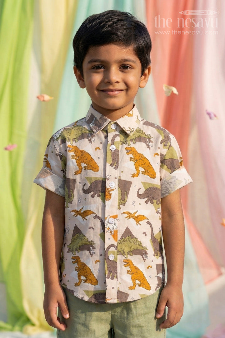 Boys Dinosaur Print Type Cotton Shirt for Casual Outings and Playtime