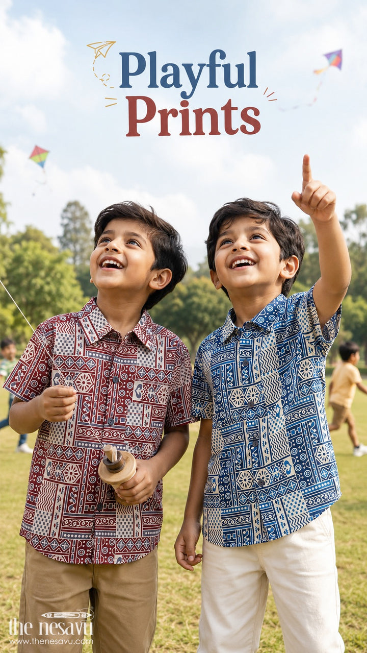 Boys Blue Printed Cotton Shirt for Parties and Casual Wear