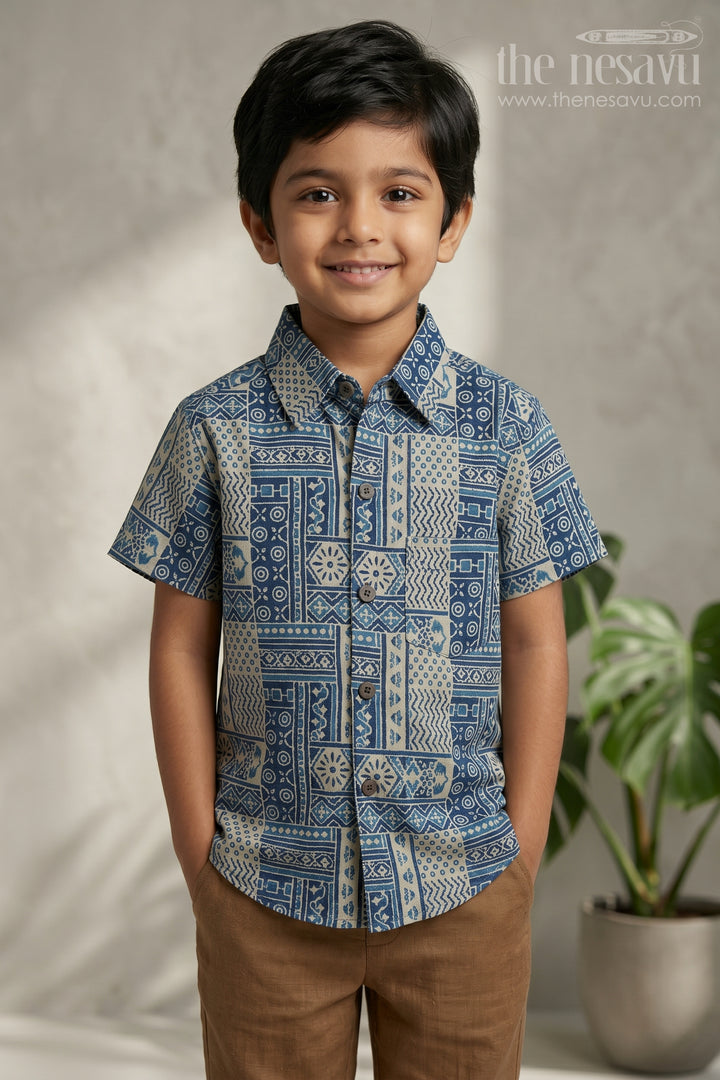 Boys Blue Printed Cotton Shirt for Parties and Casual Wear