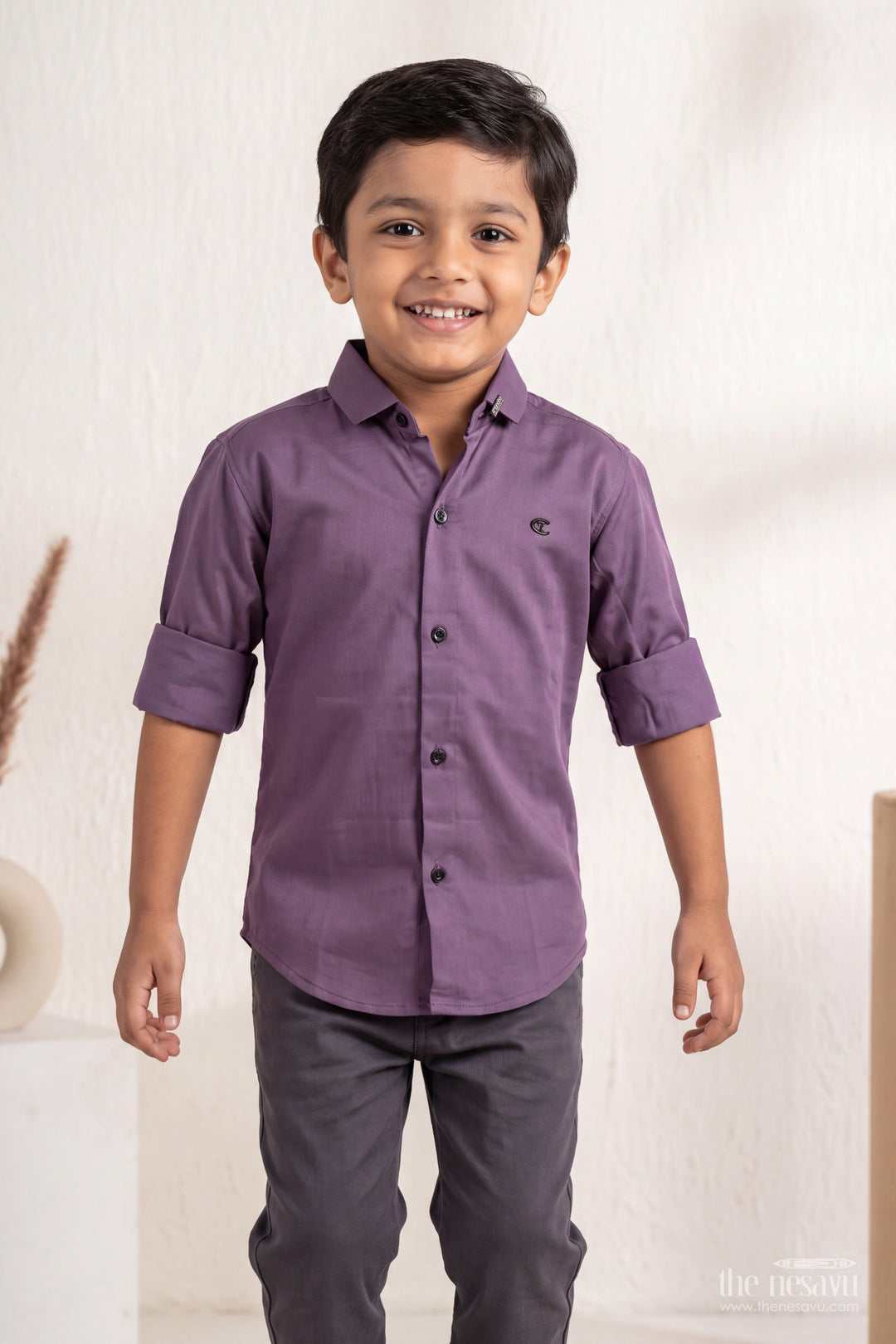 Boys Cotton Shirt in Purple with Smart Tailoring