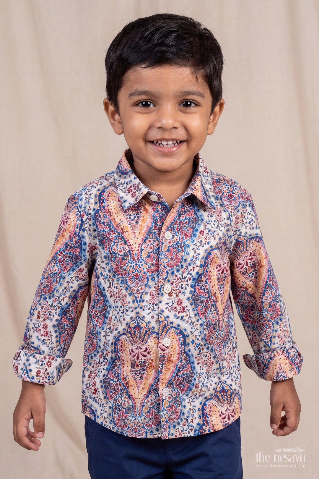 Boys Cream Multicolour Oversized Paisley Cotton Shirt