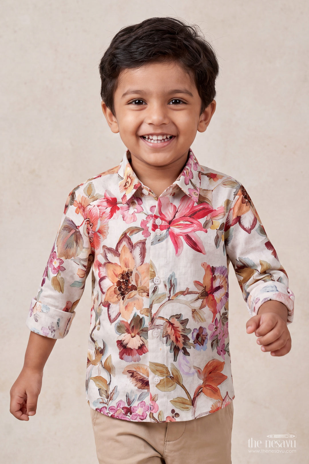 Boys Cotton Shirt in Ivory Multicolour with Botanical Print