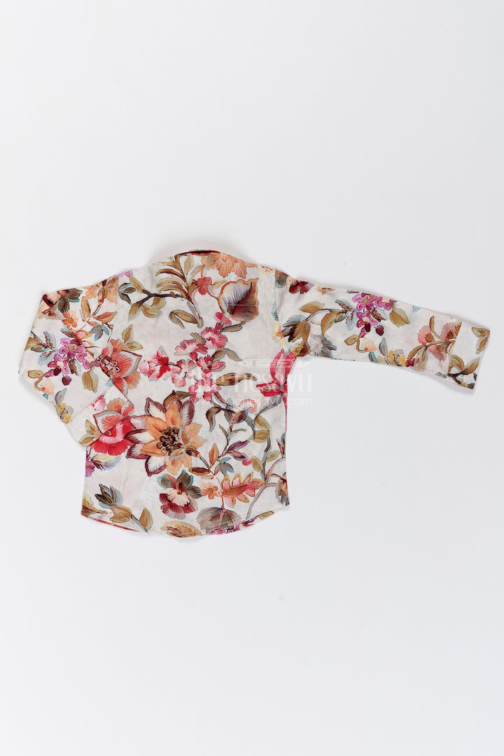 Boys Cotton Shirt in Ivory Multicolour with Botanical Print