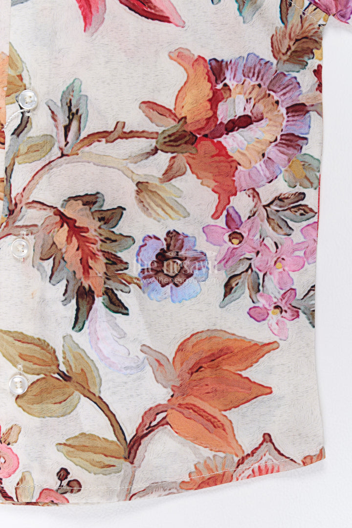 Boys Cotton Shirt in Ivory Multicolour with Botanical Print