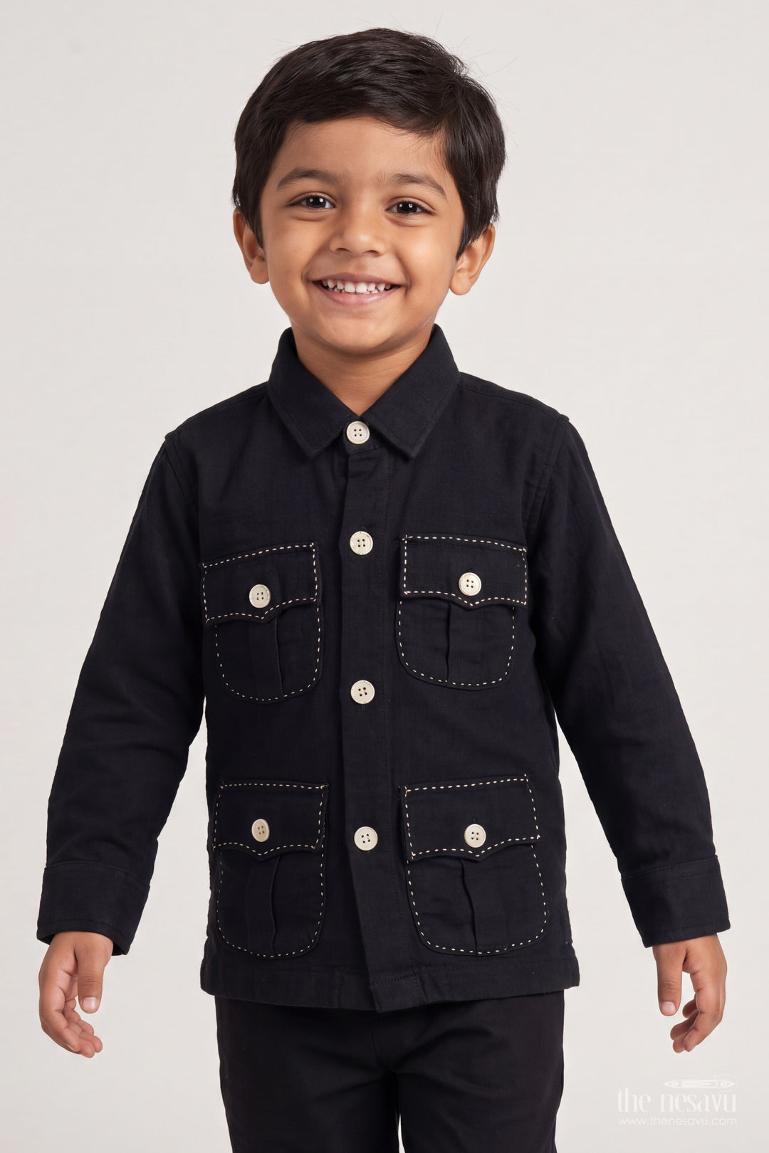 Boys Black Muslin Cotton Four Pocket Shirt