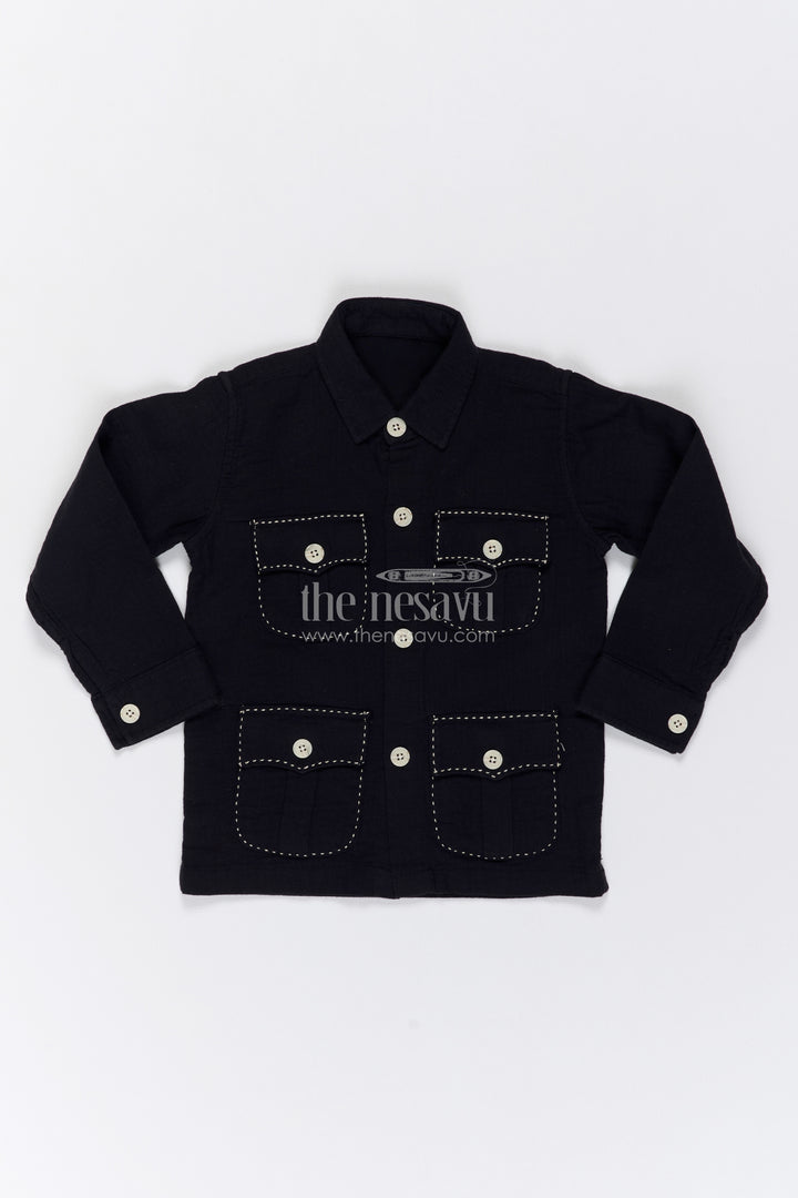 Boys Black Muslin Cotton Four Pocket Shirt