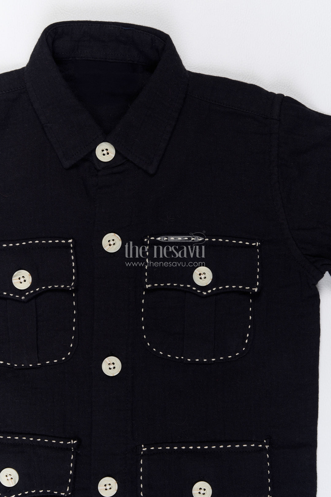 Boys Black Muslin Cotton Four Pocket Shirt