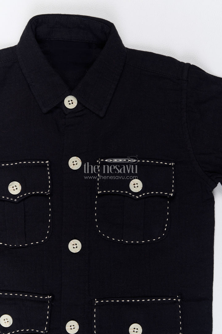 Boys Black Muslin Cotton Four Pocket Shirt