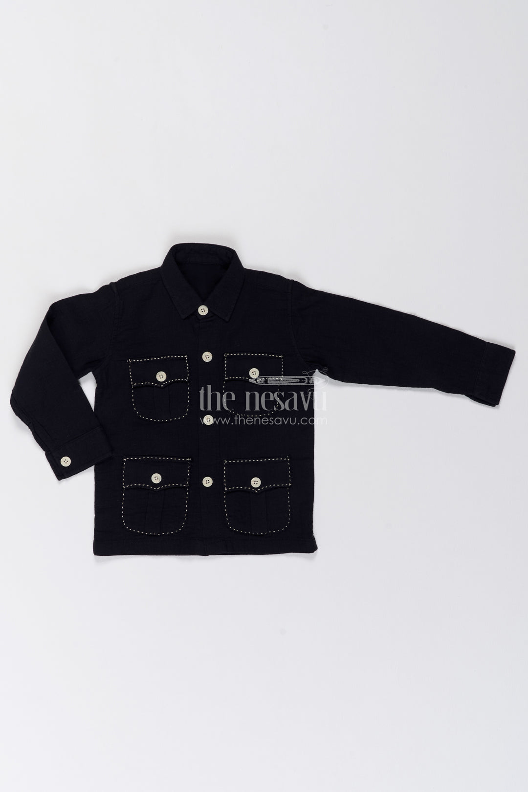 Boys Black Muslin Cotton Four Pocket Shirt
