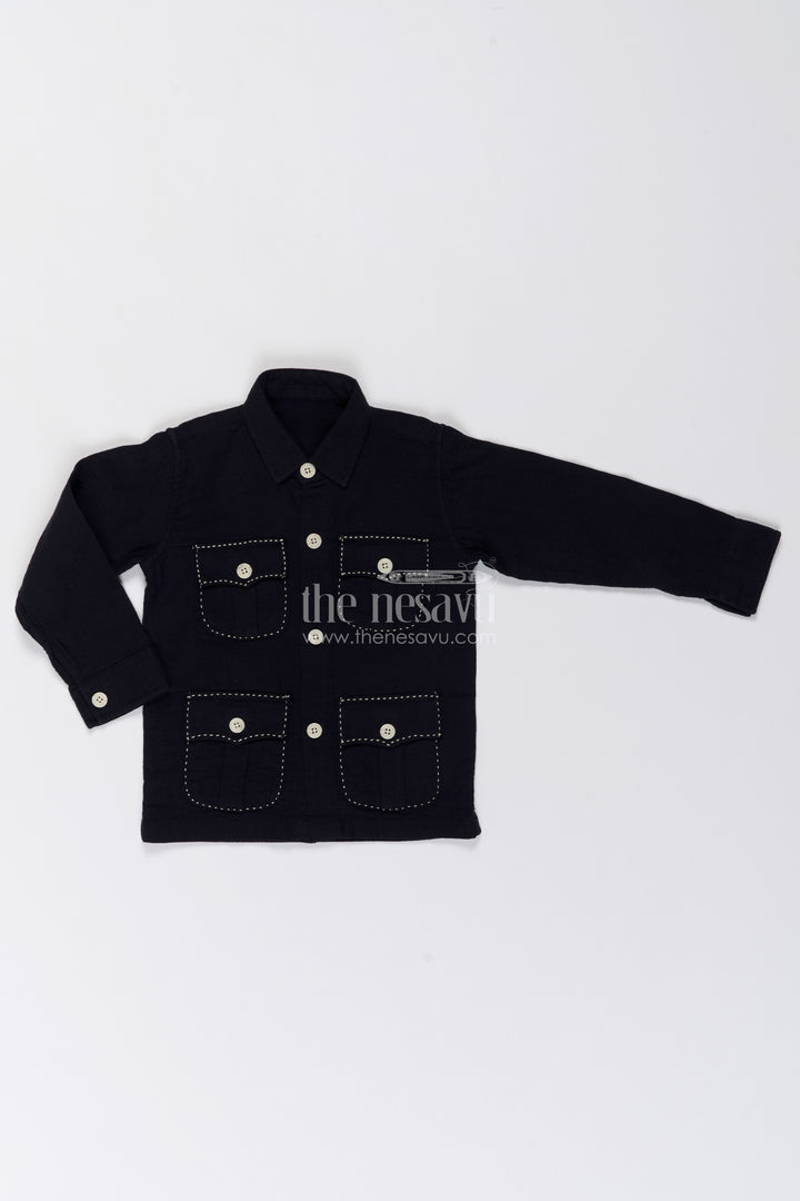 Boys Black Muslin Cotton Four Pocket Shirt