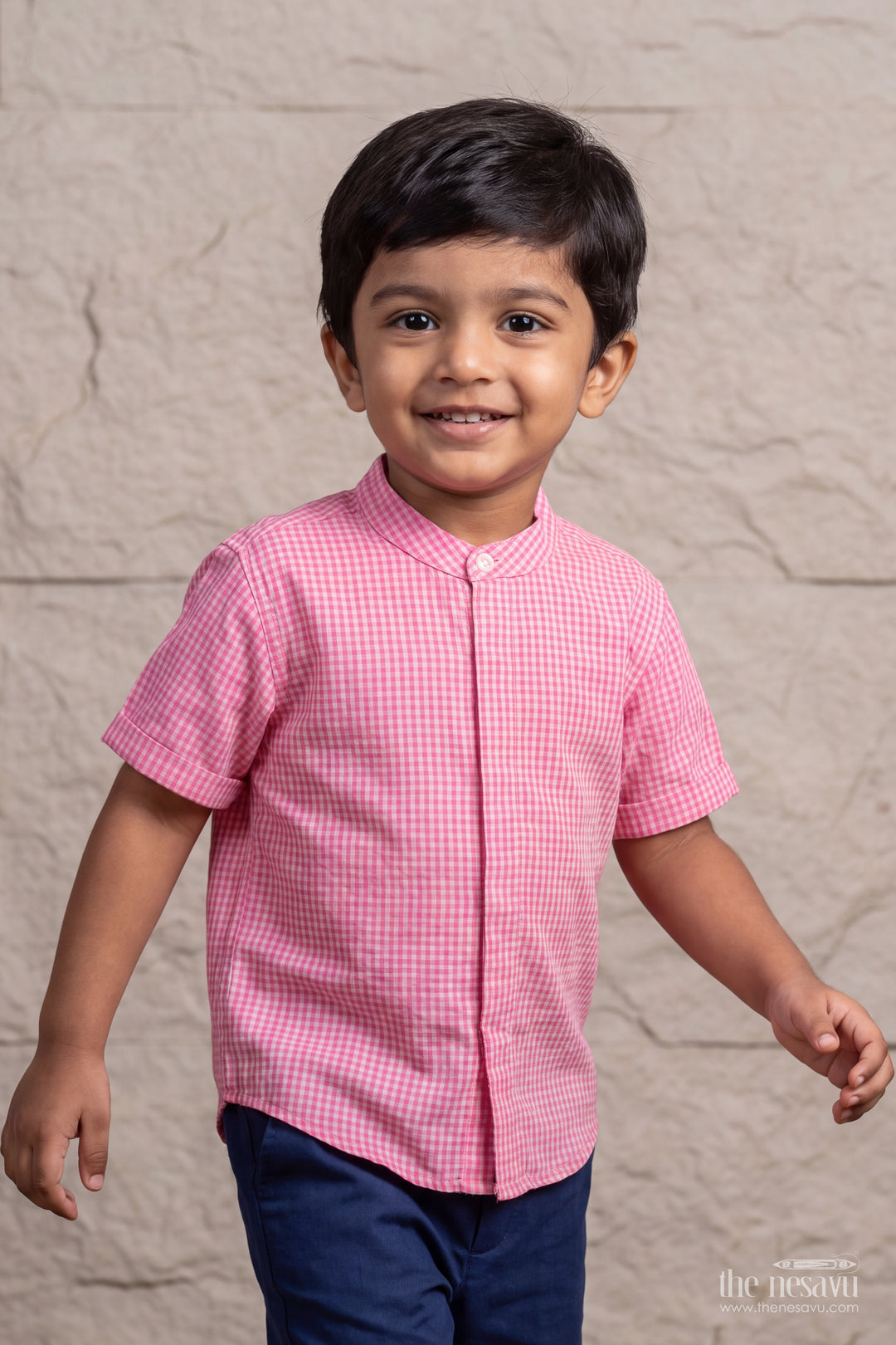 Boys Cotton Shirt in Rose Pink with Fine Gingham