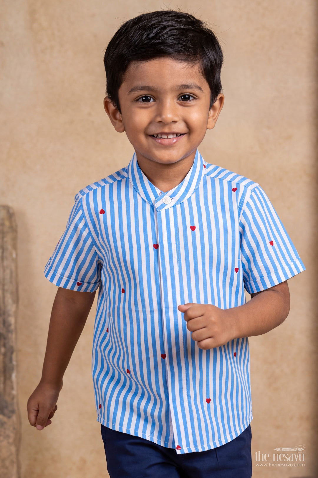 Boys Blue Red Heart Stripe Cotton Shirt