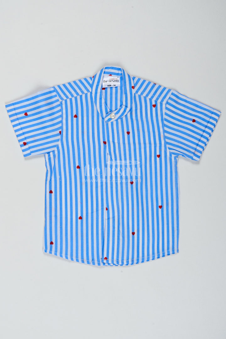 Boys Blue Red Heart Stripe Cotton Shirt