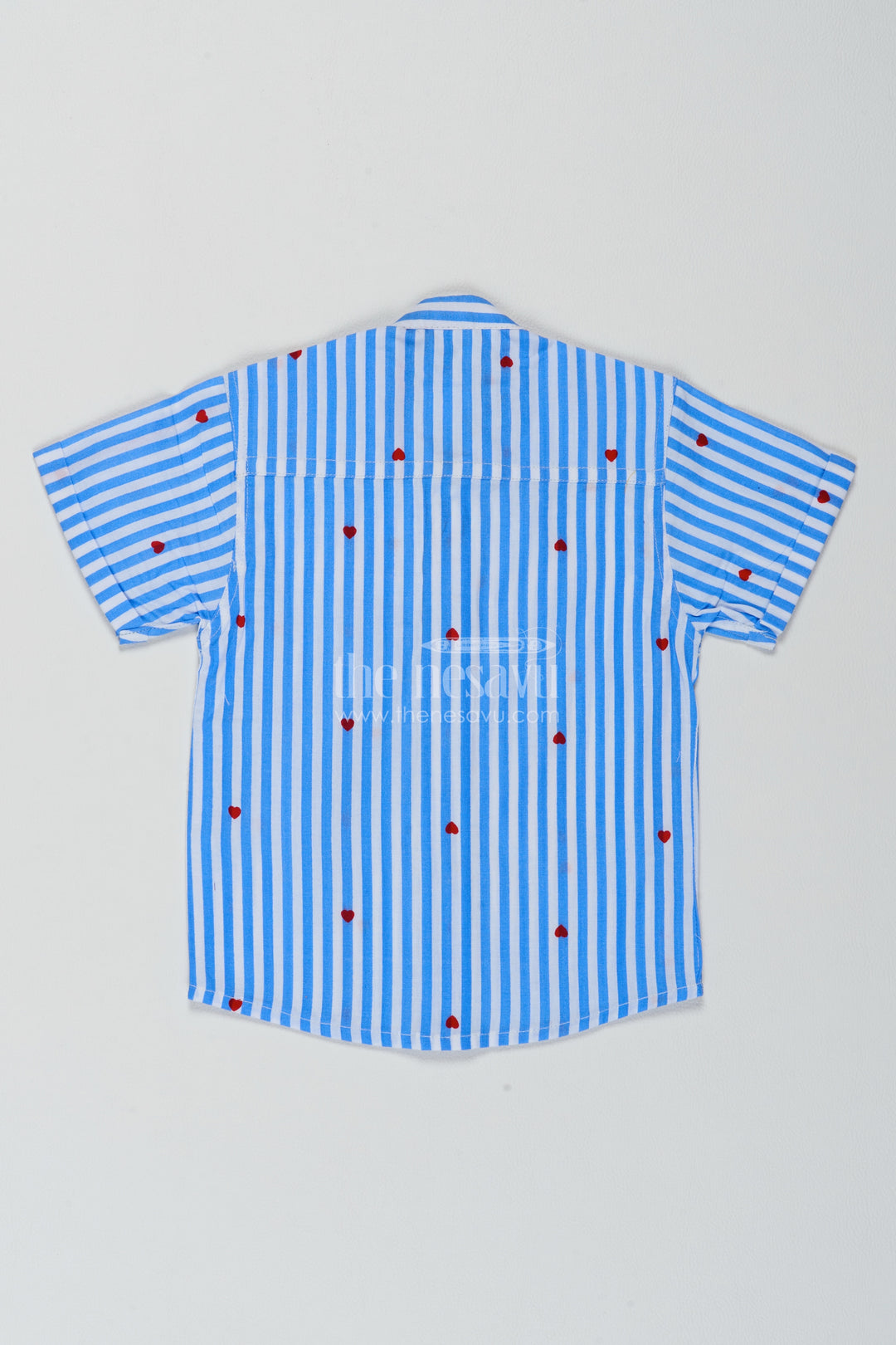Boys Blue Red Heart Stripe Cotton Shirt