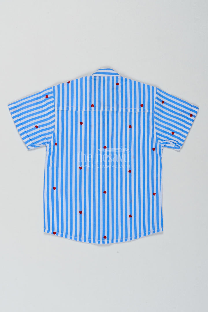 Boys Blue Red Heart Stripe Cotton Shirt