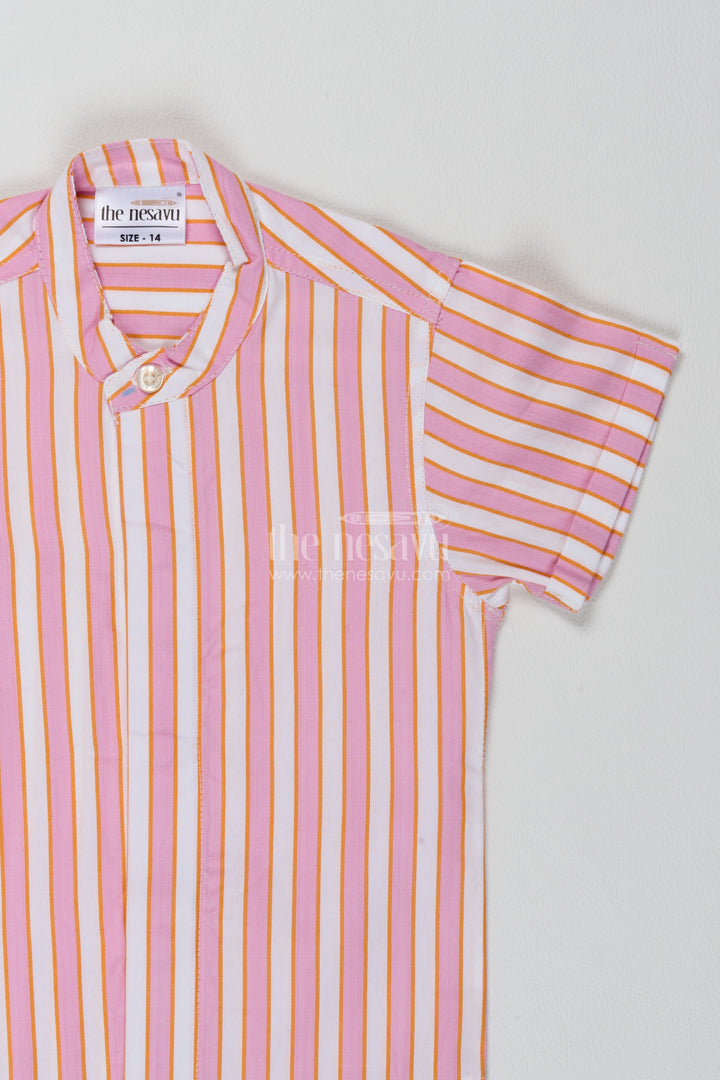 Boys Cotton Shirt in Peach with Lilac Banded Stripes