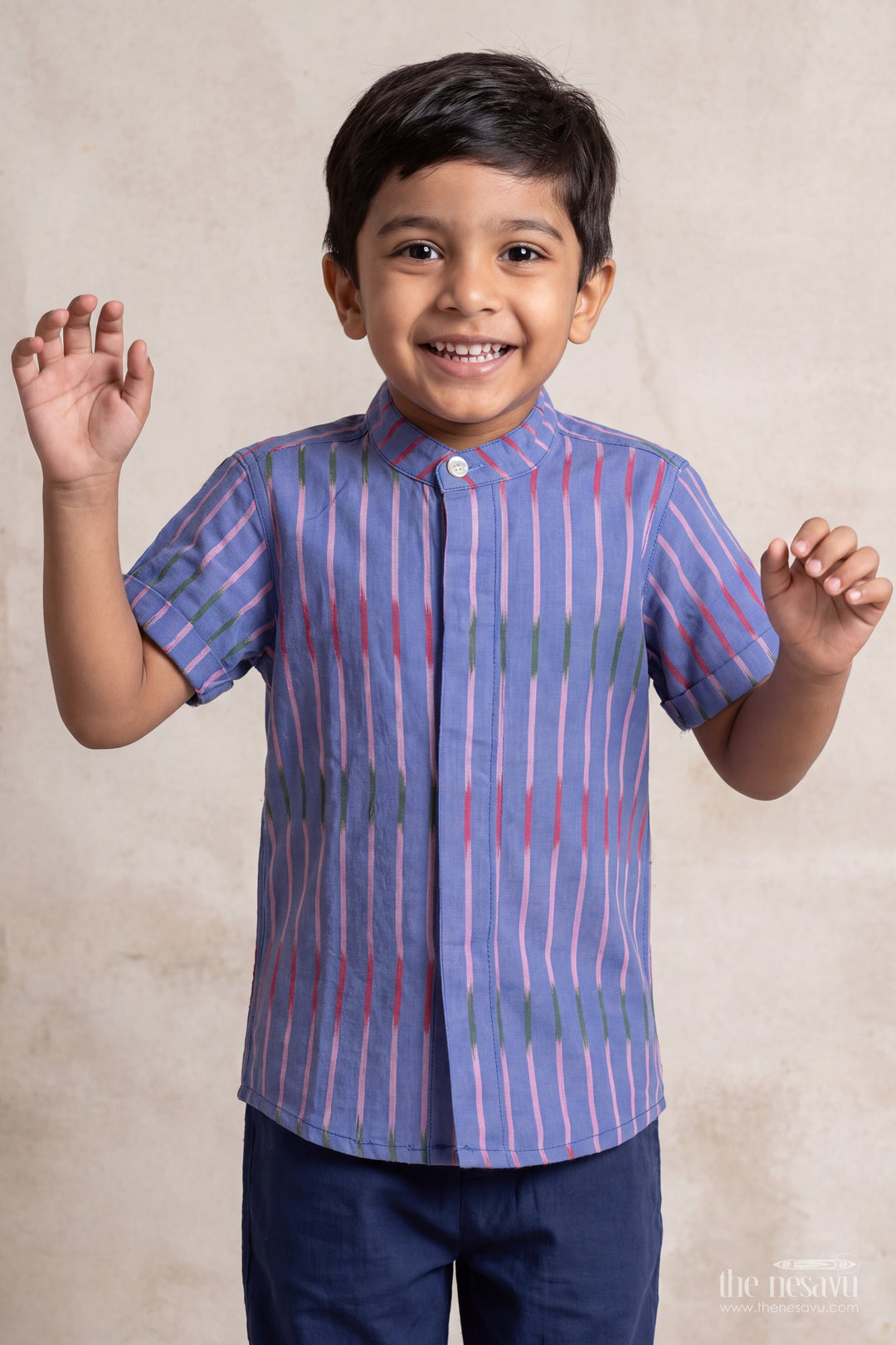 Boys Cotton Shirt in Blue with Pink Line Stripes