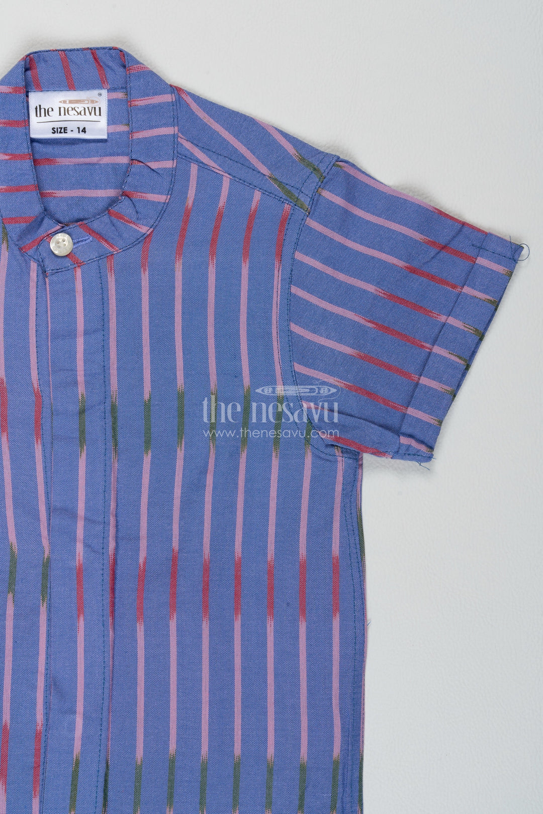Boys Cotton Shirt in Blue with Pink Line Stripes