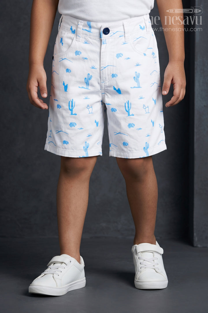 White Shirt Shorts for Boys in Cotton with Blue Cactus and Animal All Over Digital Print