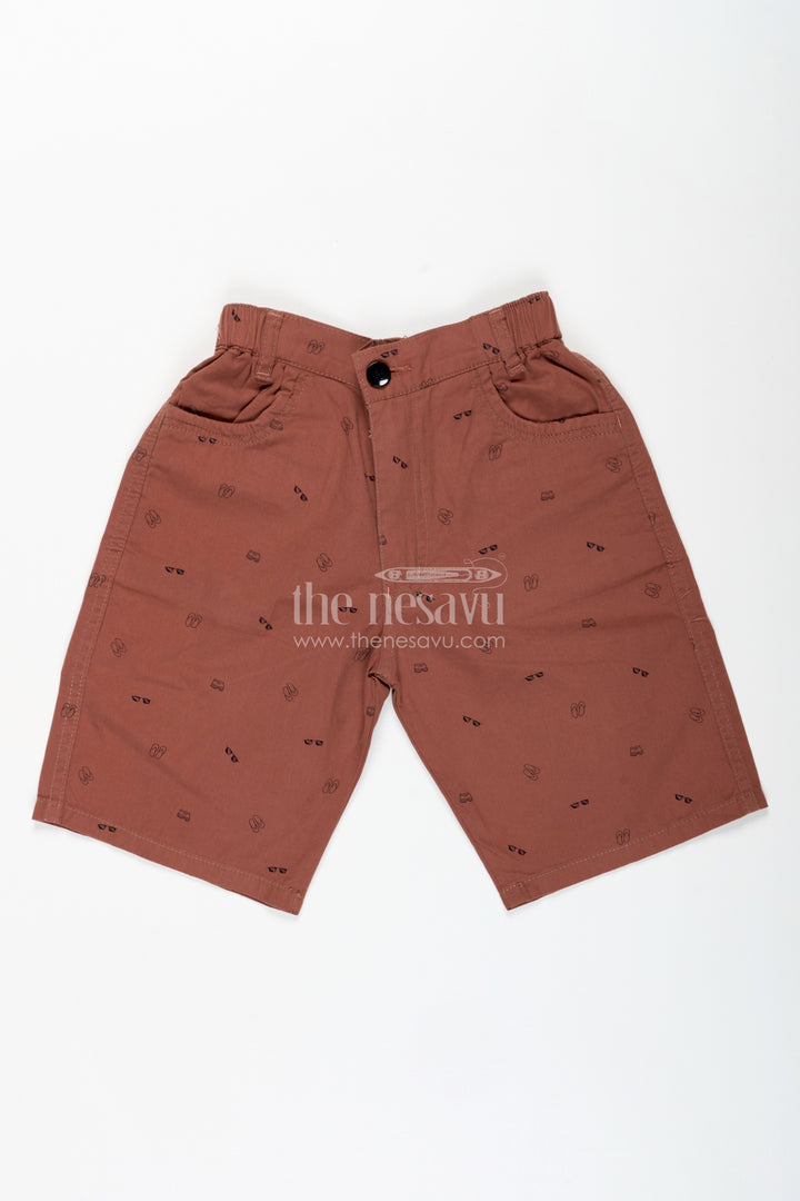 Boys Cotton Printed Shorts in Soft Brown with Comfortable Fit and All Over Digital Prints