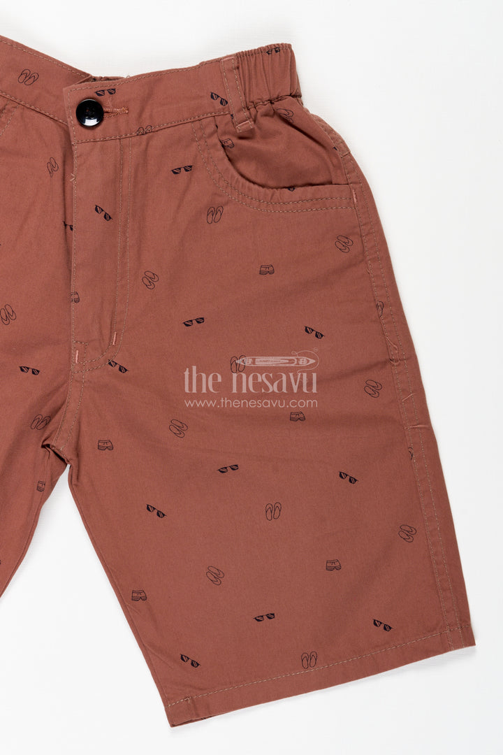 Boys Cotton Printed Shorts in Soft Brown with Comfortable Fit and All Over Digital Prints
