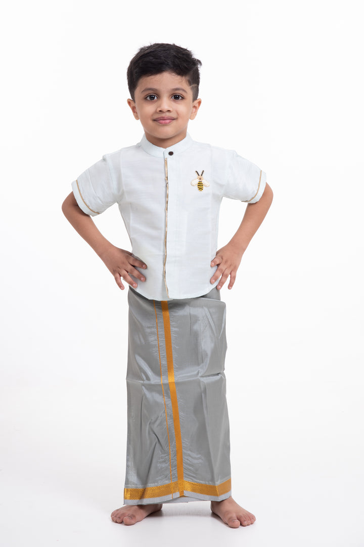 Boys Traditional Grey Silk Dhoti with Golden Accents