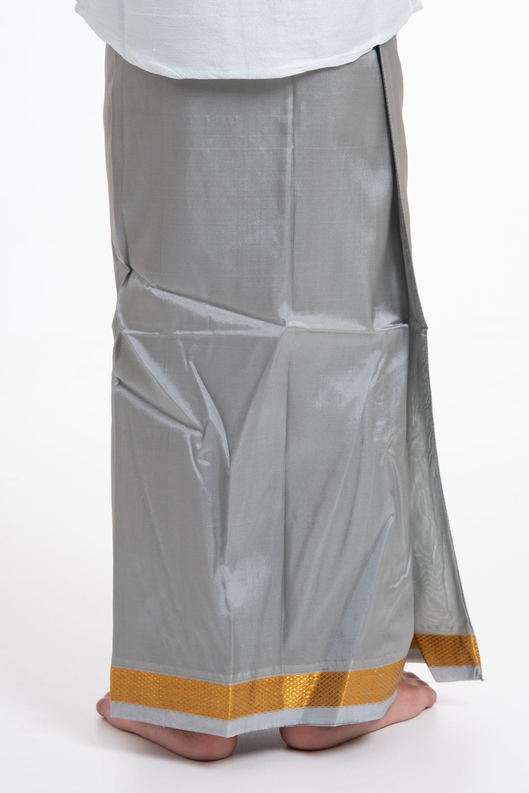 Boys Traditional Grey Silk Dhoti with Golden Accents