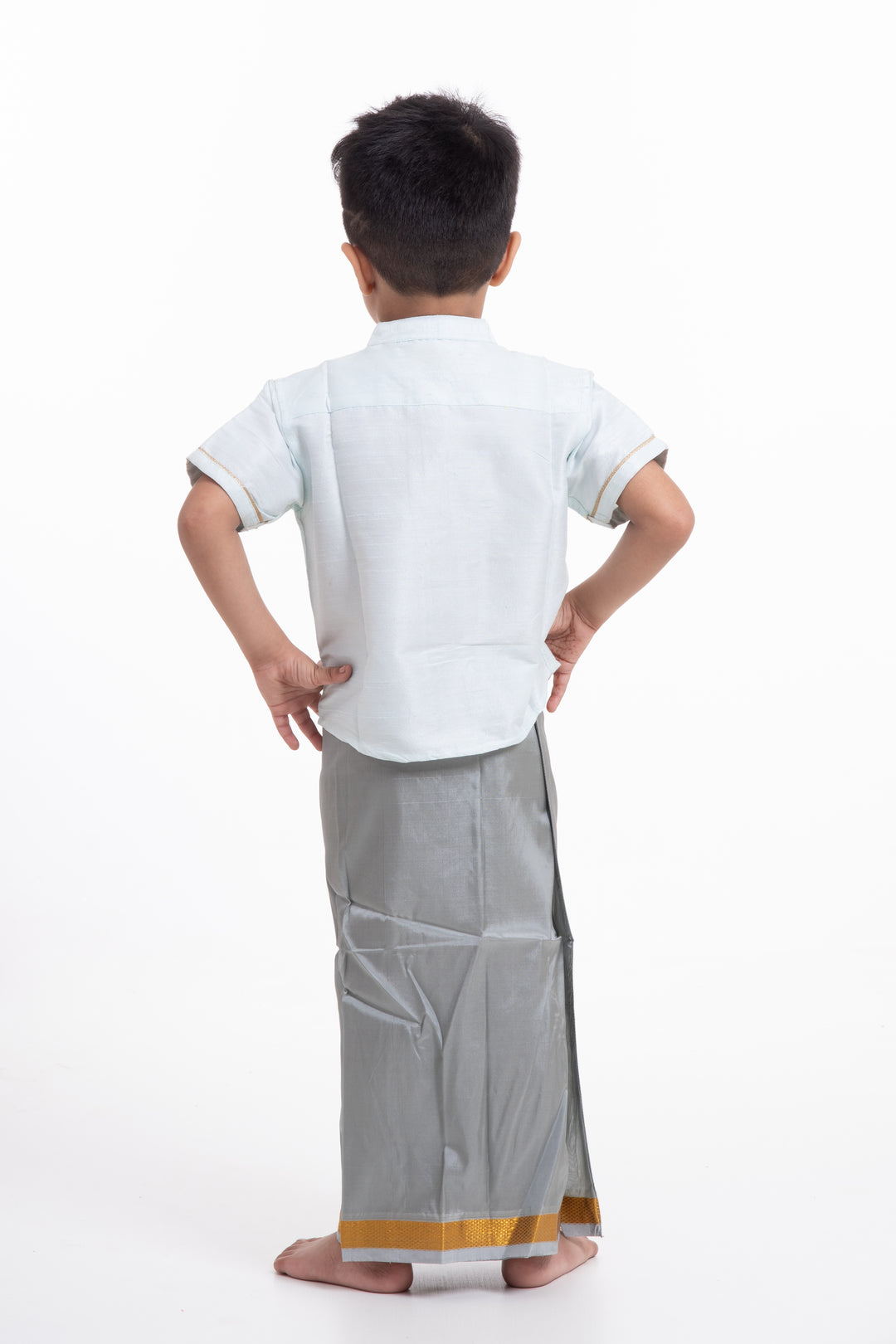 Boys Traditional Grey Silk Dhoti with Golden Accents