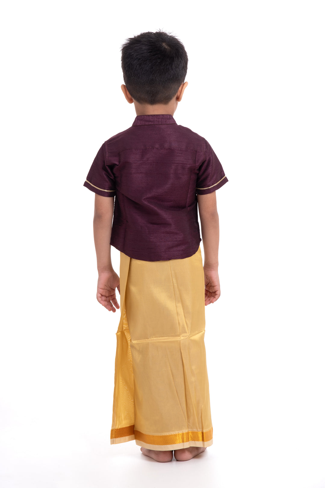 Boys Traditional Golden-Yellow Silk Dhoti with Elegant Stripes