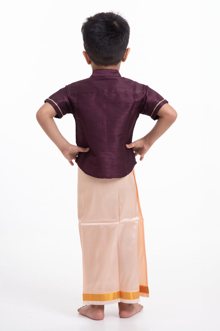 Boys Soft Silk Dhoti in Delicate Pink with Golden Trim