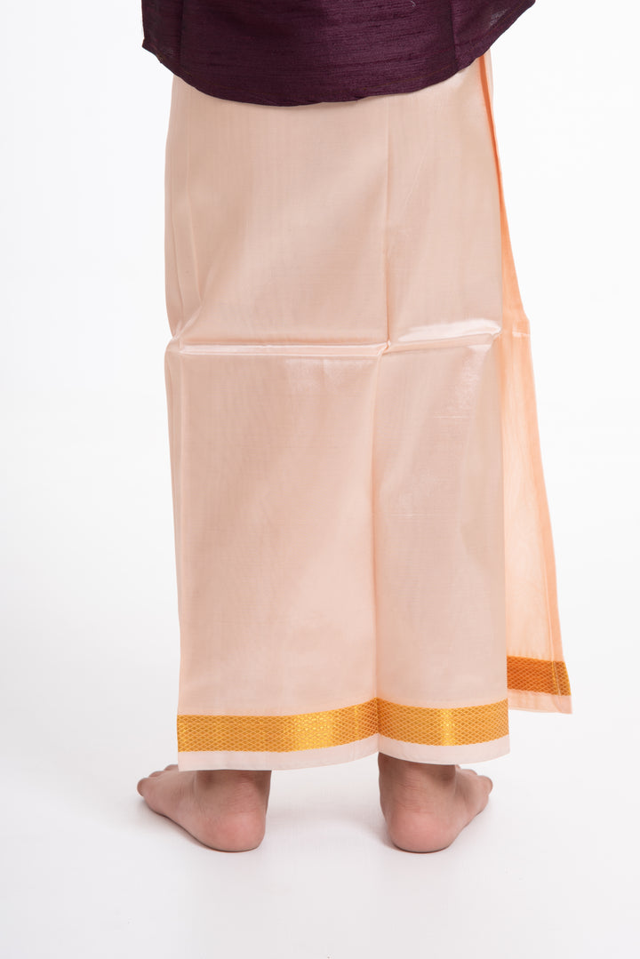 Boys Soft Silk Dhoti in Delicate Pink with Golden Trim