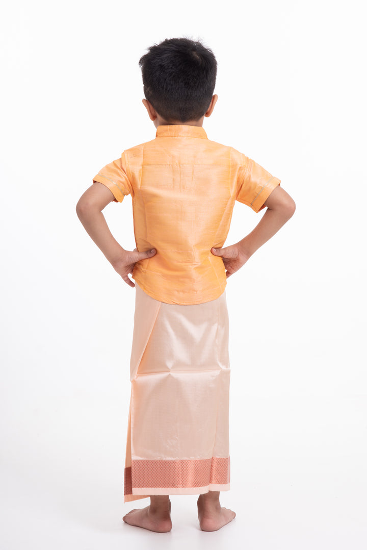 Boys Readymade Silk Dhoti in Beige with Copper Stripes for Special Occasions