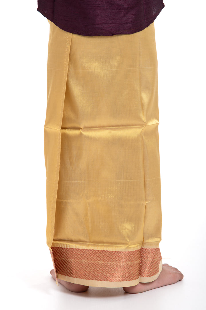 Classic Greenish Gold Boys Dhoti with Rustic Maroon Trim