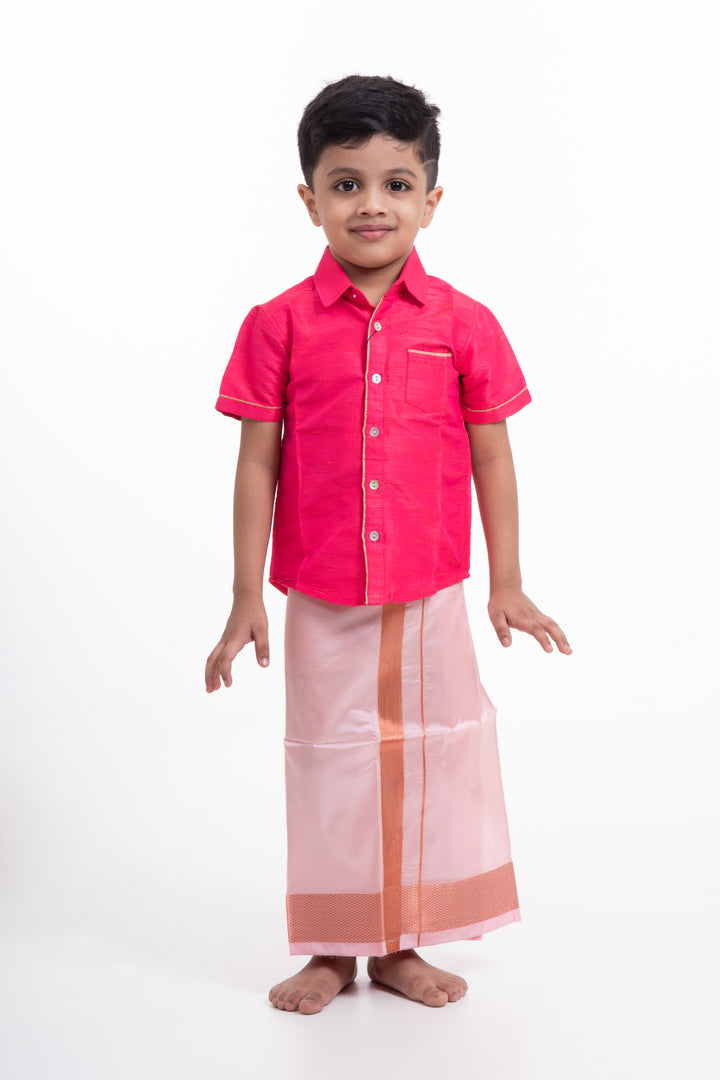 Elegant Peach Silk Blend Boys Dhoti with Copper Geometric Borders