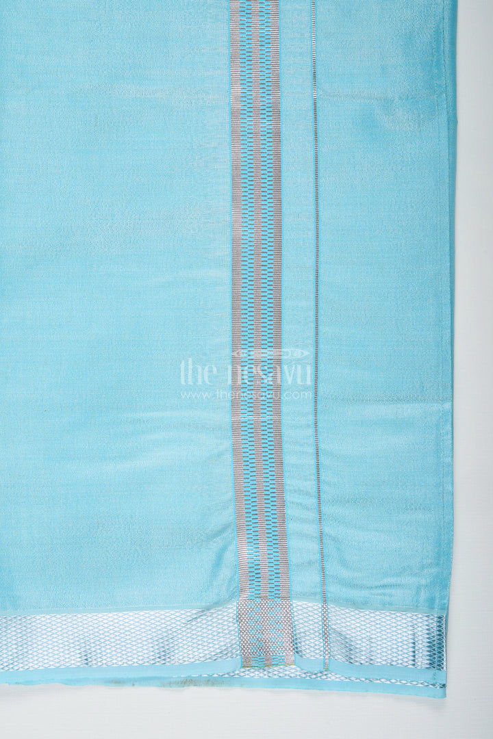 Boys Turquoise Tissue Dhoti with Silver Zari Border for Vibrant and Comfortable Dhoti Clothing