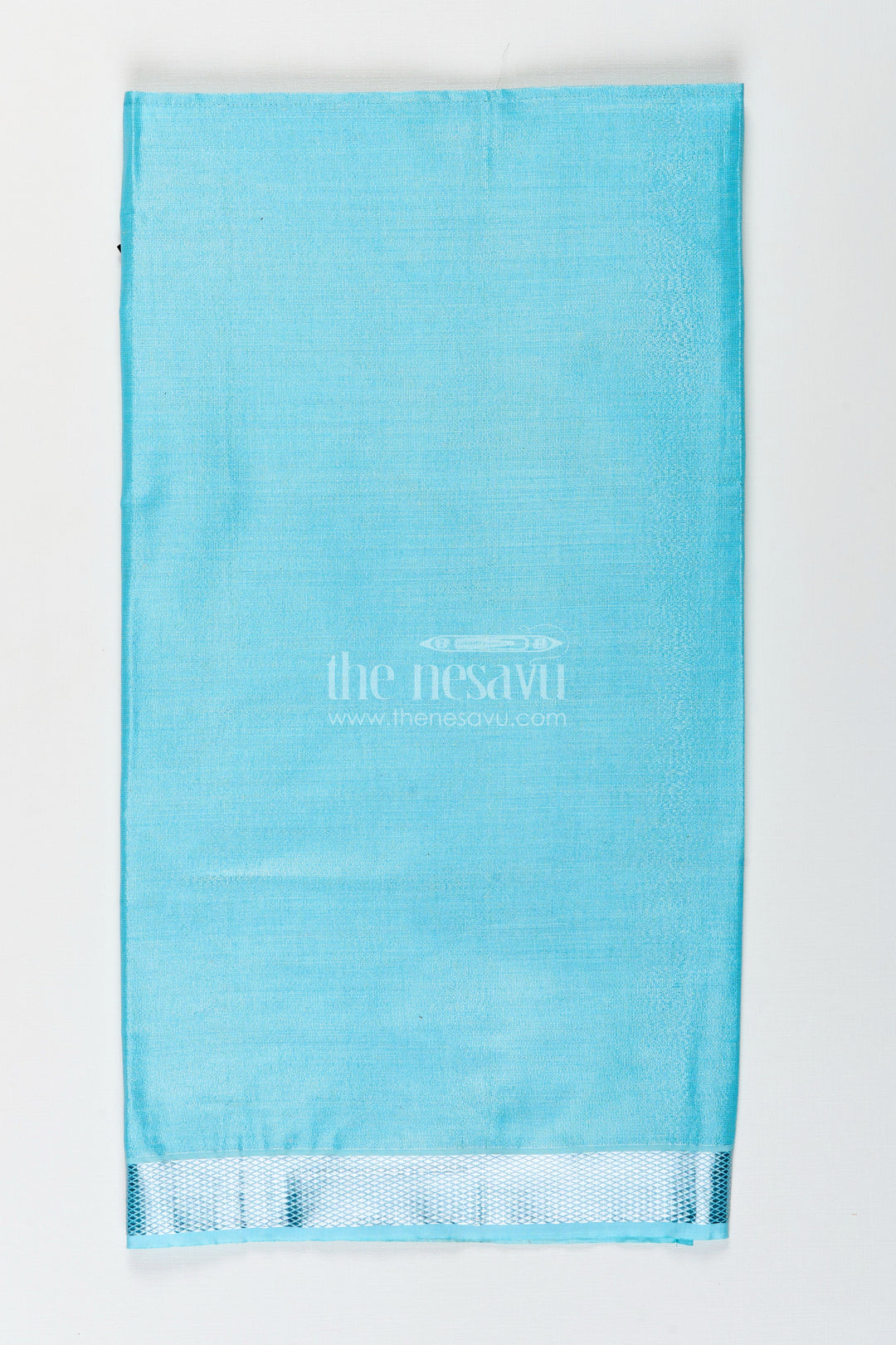 Boys Turquoise Tissue Dhoti with Silver Zari Border for Vibrant and Comfortable Dhoti Clothing