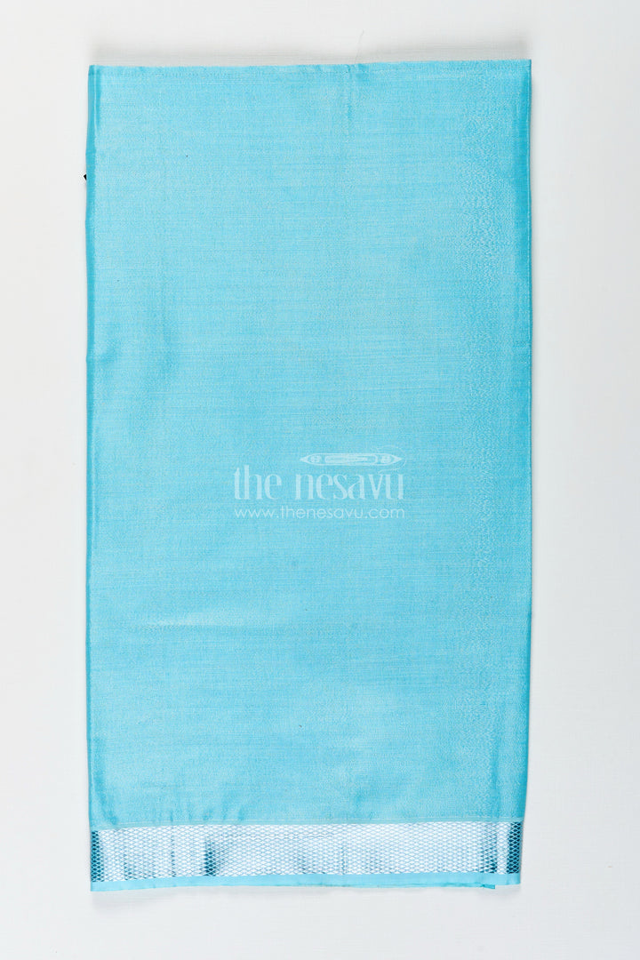 Boys Turquoise Tissue Dhoti with Silver Zari Border for Vibrant and Comfortable Dhoti Clothing