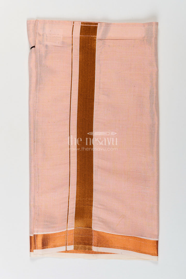 Boys Tissue Dhoti in Light Peach with Copper Zari Border for Flexible Traditional Wear in Adjustable Dhoti Style