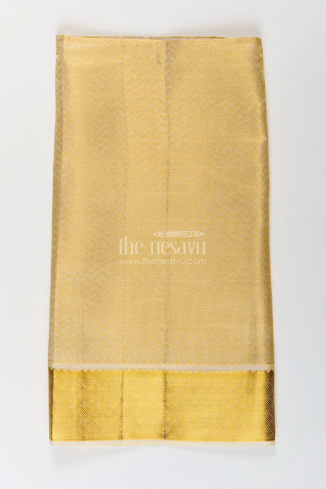 Boys Golden Embossed Tissue Dhoti with Classic Patterned Border for Spiritual Wear in Dhoti for Puja Style