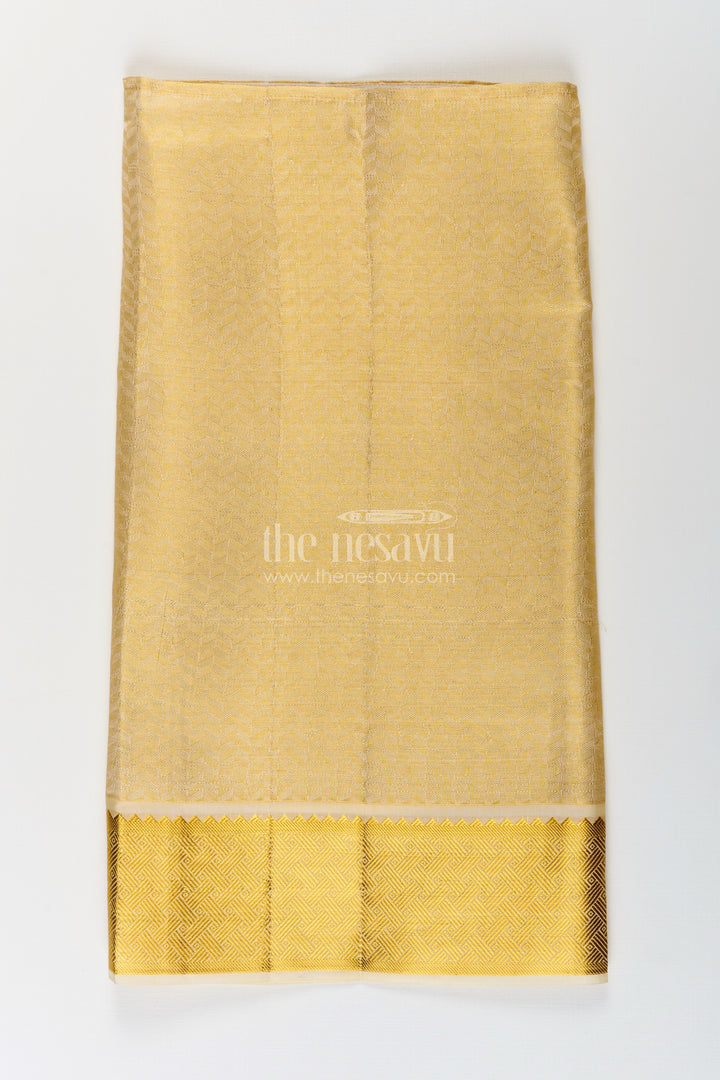 Boys Golden Embossed Tissue Dhoti with Classic Patterned Border for Spiritual Wear in Dhoti for Puja Style