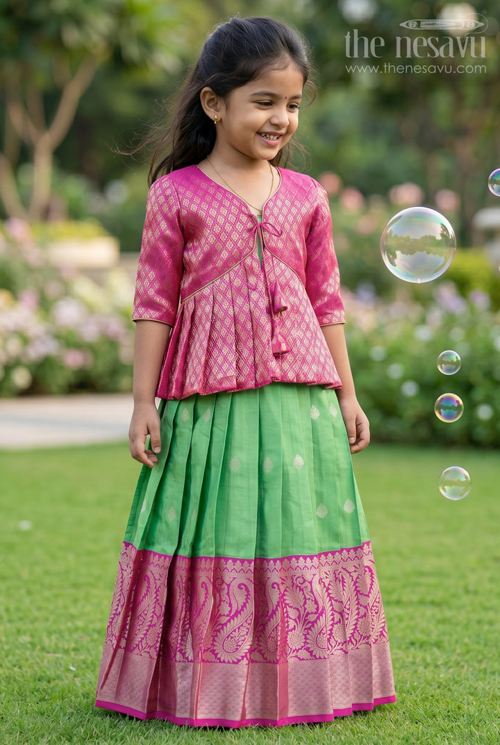 Designer Pink Silk Overcoat with Floral Zari Brocade and Pink Korva Border Anarkali Dress