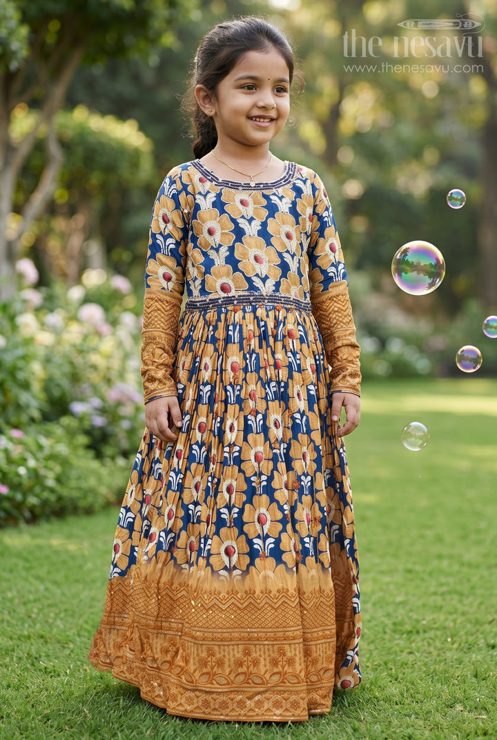 Elegant Floral Motif Navy Blue and Mustard Anarkali Gown for Girls- Festive Anarkali Dresses