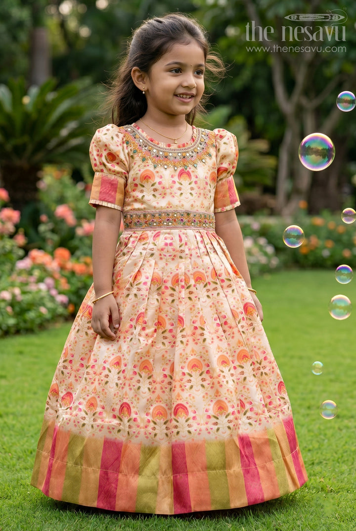 Golden Radiance: Girls Mirror Embroidered Yellow Party Gown