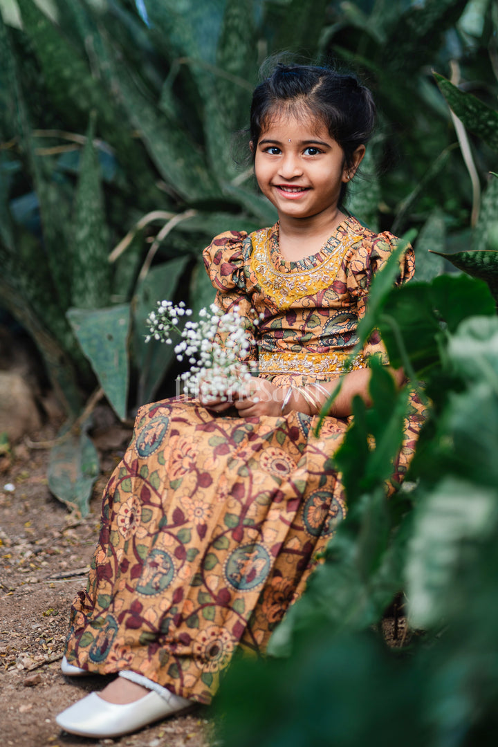 Girls Traditional Kalamkari Print Anarkali Gown in Earthy Yellow Tones