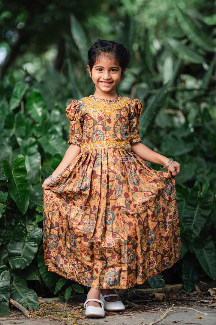 Girls Traditional Kalamkari Print Anarkali Gown in Earthy Yellow Tones