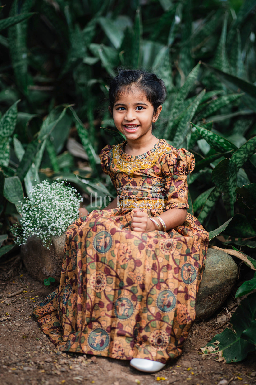 Girls Traditional Kalamkari Print Anarkali Gown in Earthy Yellow Tones