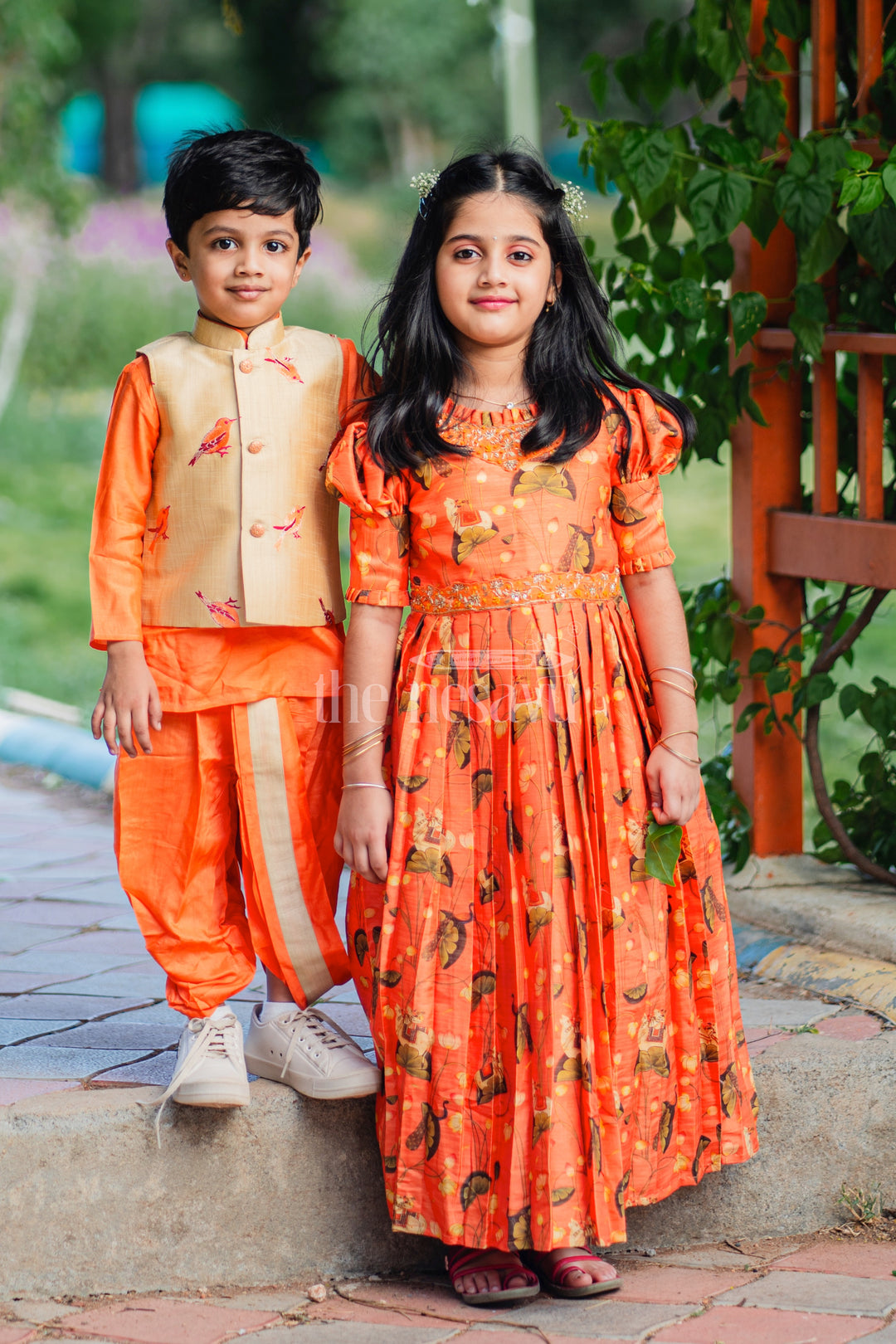 Girls Burnt Orange Kalamkari Anarkali Dress with Gilded Accents