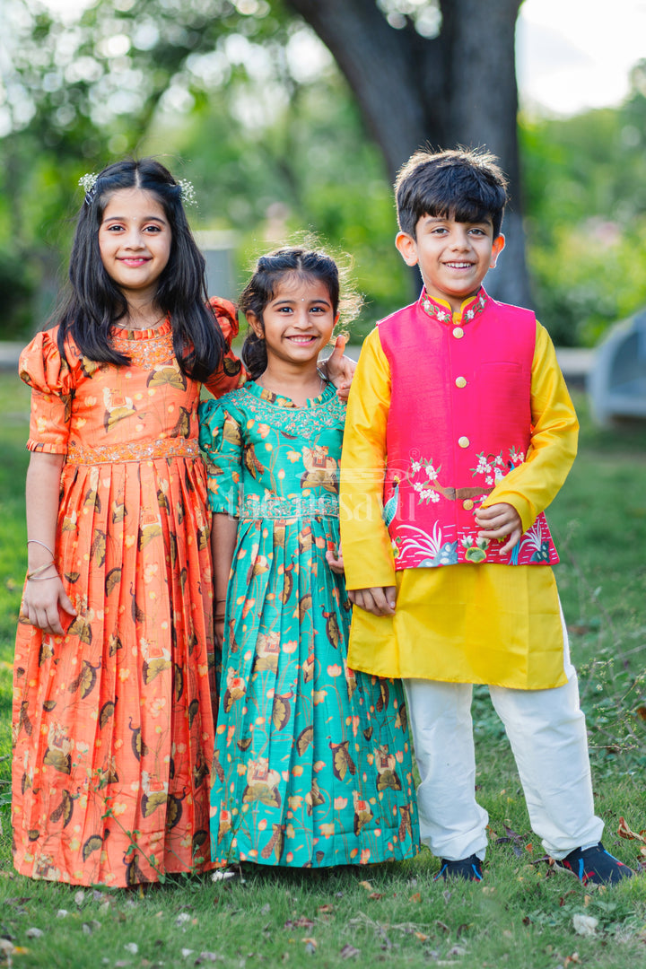 Girls Burnt Orange Kalamkari Anarkali Dress with Gilded Accents