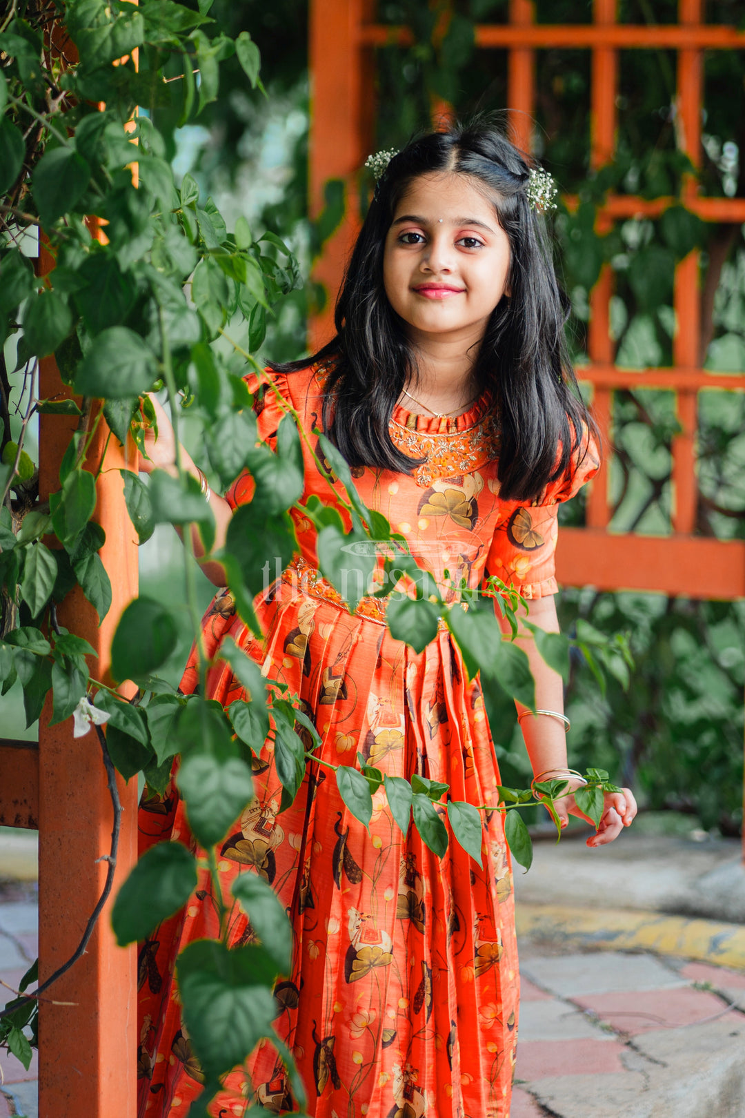 Girls Burnt Orange Kalamkari Anarkali Dress with Gilded Accents