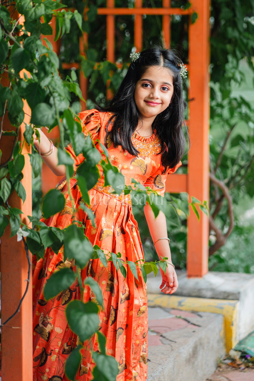 Girls Burnt Orange Kalamkari Anarkali Dress with Gilded Accents